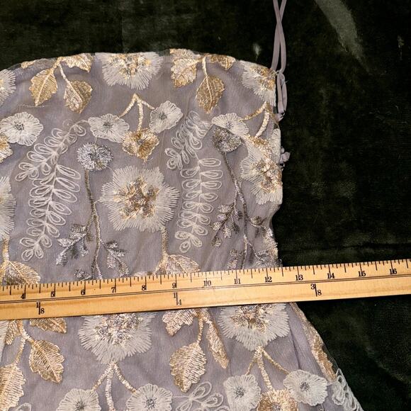 Lucy In The Sky Mini Dress Women's M Purple Gold Floral Mesh Overlay Coquette - Picture 7 of 8